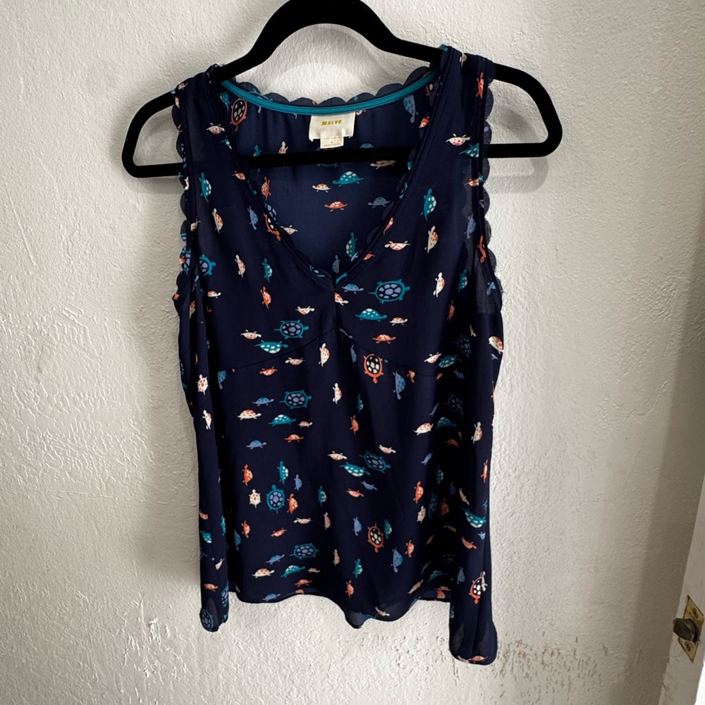 Maeve Dark Blue Sleeveless Blouse with Floral Pattern
